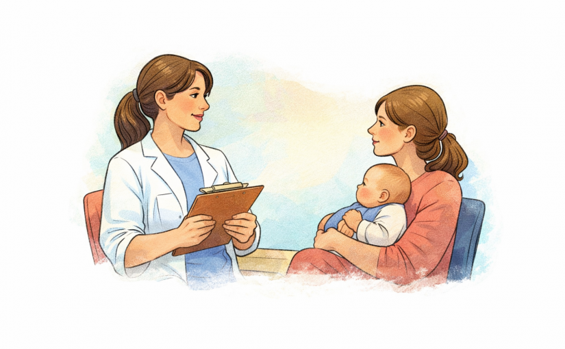 une maman et son bébé dans les bras, qui consulte un professionnel de santé