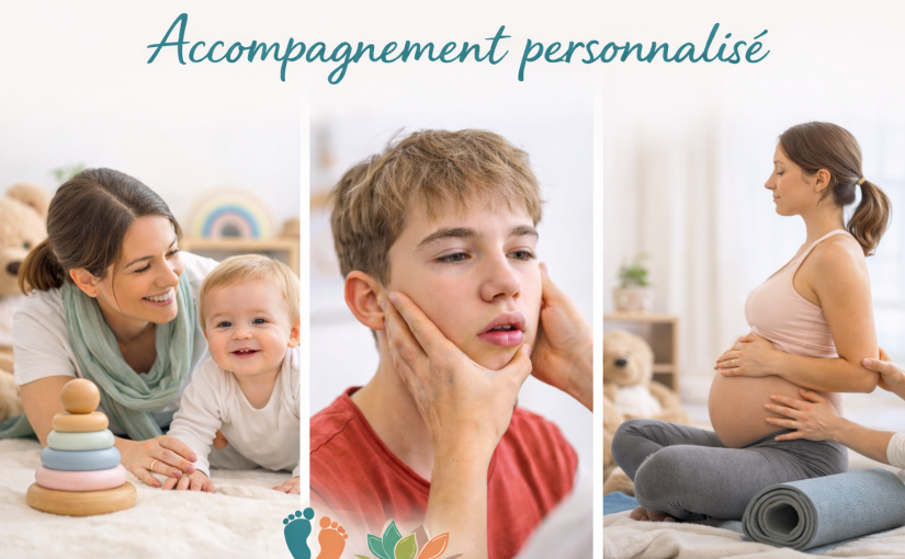 bannière avec une photo d'une maman jouant au tapis avec son bébé, une femme enceinte en rééducation et un ado en rééducation maxillo faciale. avec le titre accompagnement personnalisé