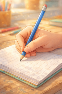 main qui tient un crayon pour écrire sur une dictée sur une feuille