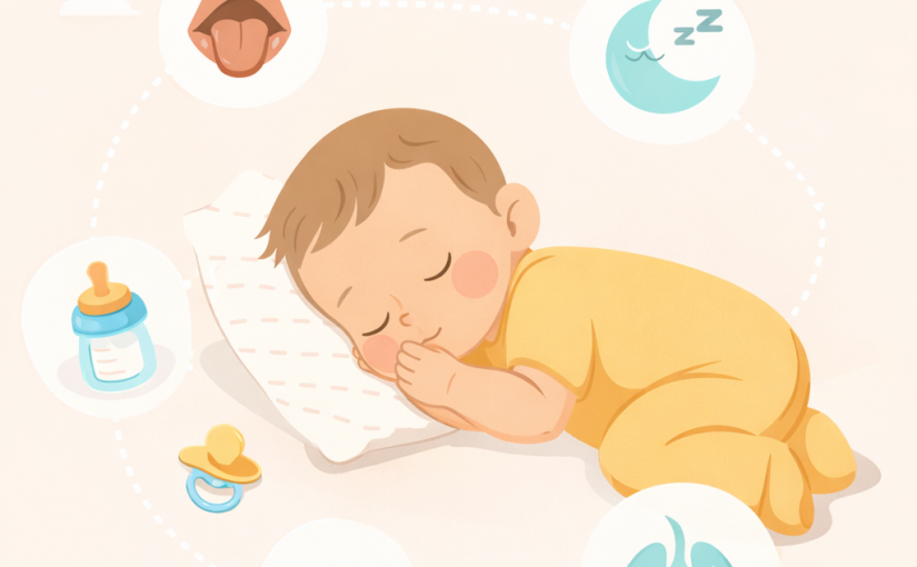 bébé endormi avec une tétine et des dessins de biberon, poumons, langue et lune