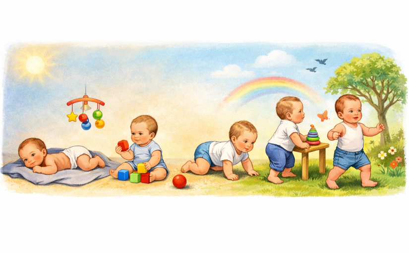 dessin qui illustre le développement psycho moteur du nourrisson