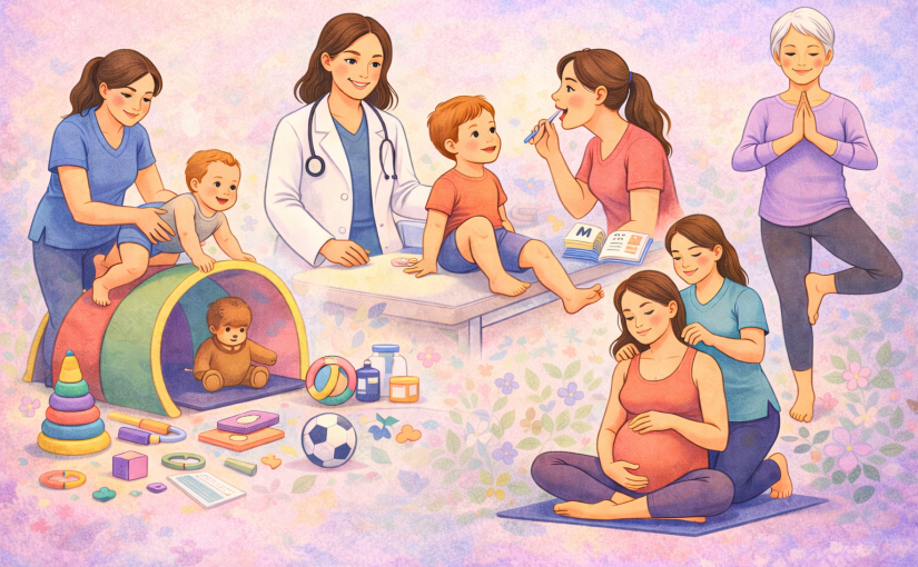 dessin illustrant les rééducations du nourrisson, de l'enfant et de la femme