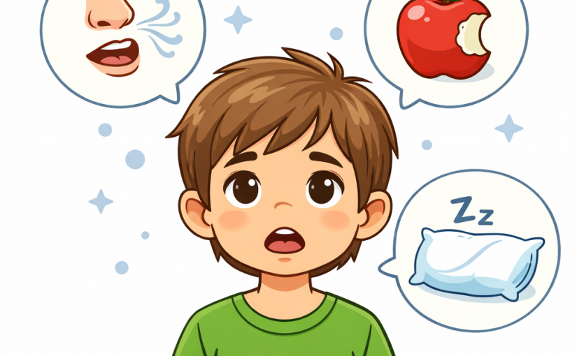 dessin d'un enfant qui respire par la bouche, dort mal et a du mal à macher