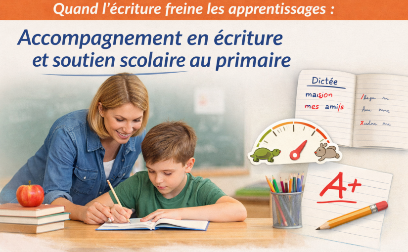un professionnel qui aide un enfant de primaire à mieux écrire en classe