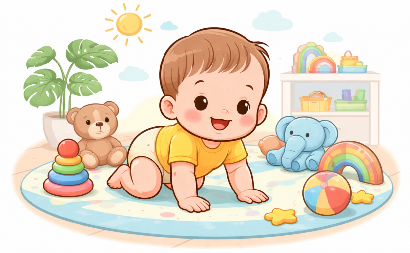 dessin d'un bébé à 4 pattes sur un tapis de motricité avec des jeux autour