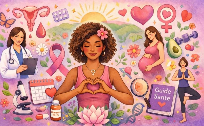 un efemme avec les mains en coeur sur sa poitrine, entouré de dessins matérialisant la santé de la femme