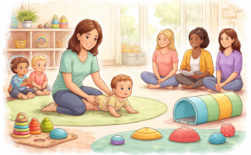 Kinésithérapeute pédiatrique animant un atelier de motricité avec un nourrisson en crèche à Bruz, sous le regard de professionnelles de la petite enfance.