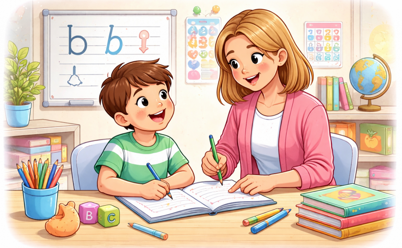 Illustration d’un enfant accompagné pour améliorer l’écriture avec exercices de graphomotricité et soutien du geste graphique.