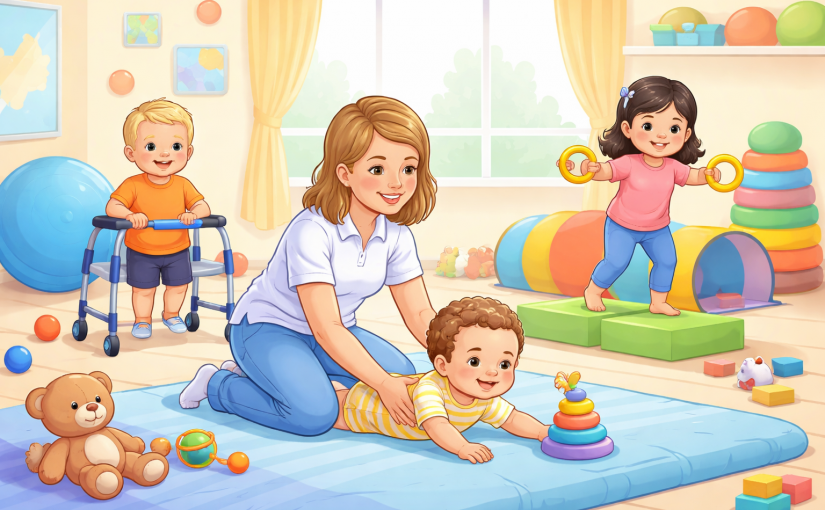 Illustration de kinésithérapie neurologique pédiatrique avec un bébé et des enfants en séance de rééducation motrice accompagnés par une kinésithérapeute.