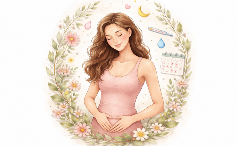 Illustration douce d’une femme se connectant à son cycle menstruel avec symboles de fertilité et d’ovulation dans un décor naturel.
