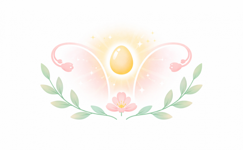 Illustration symbolique de l’ovulation avec formes douces et éléments naturels représentant le cycle menstruel et la fertilité.
