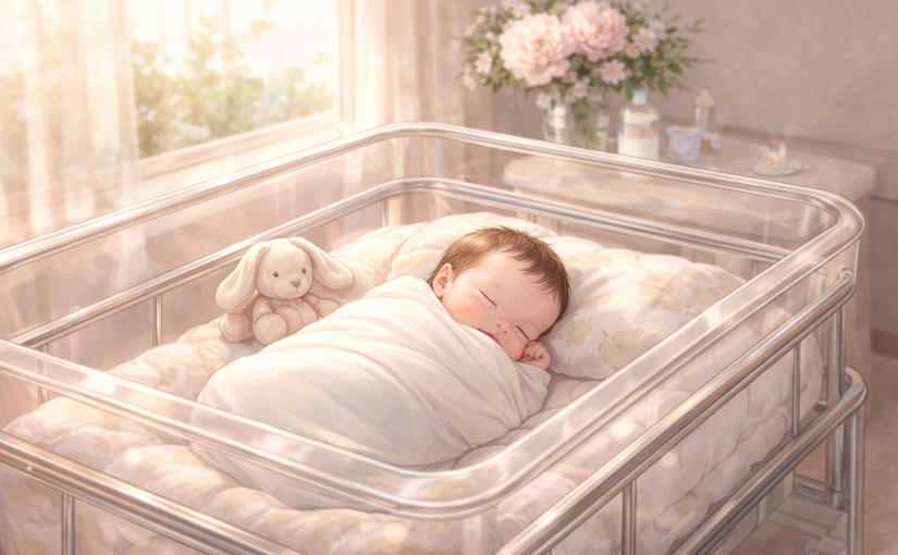 bébé prématuré dans un berceau de maternité, couleurs avec douceur et bienveillance