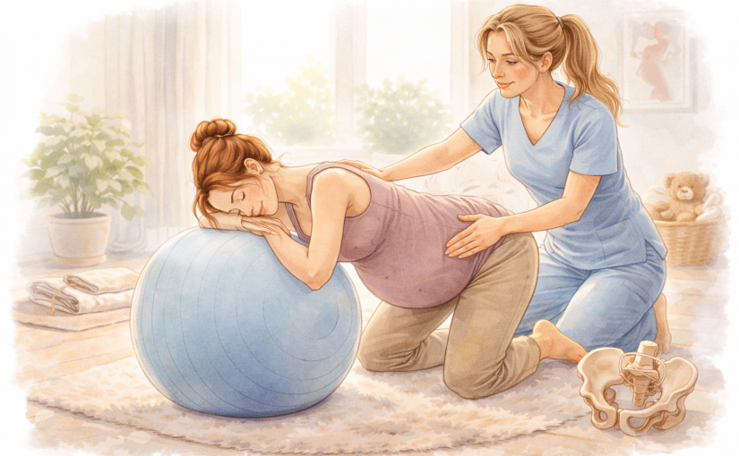 kinésithérapeute guidant la mobilité du bassin d'une femme enceinte, en s'aidant d'un ballon