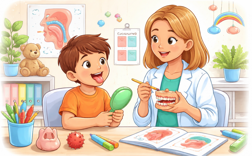 Illustration d’une séance de rééducation maxillo-faciale chez un enfant avec exercices de langue accompagnés par une kinésithérapeute.