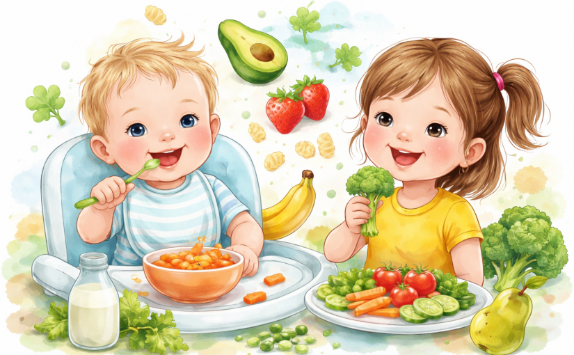 Illustration enfant et bébé découvrant l’alimentation – oralité alimentaire