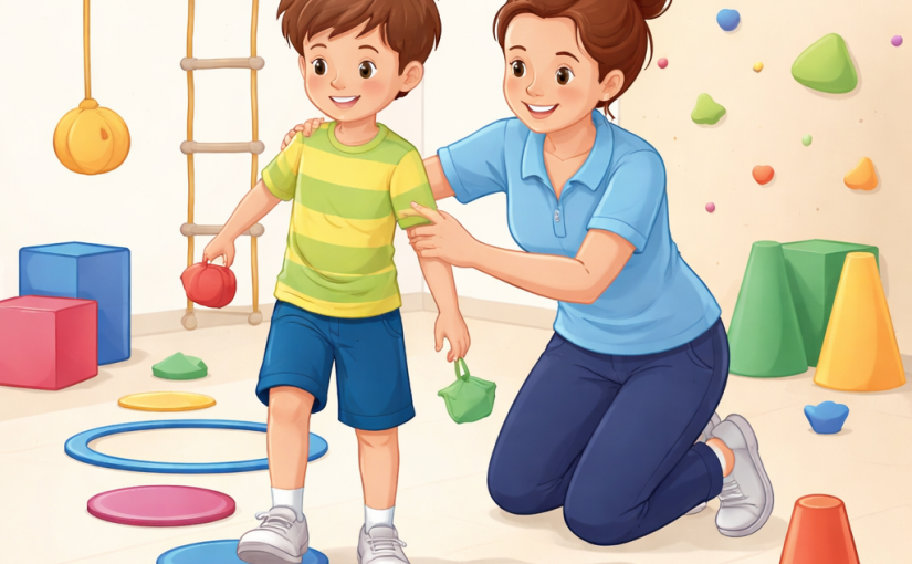 Enfant en rééducation qui travaille son équilibre et sa coordination avec la kinésithérapeute