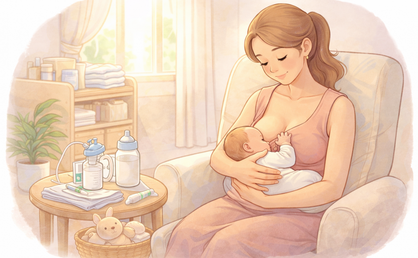 mère allaitant son nouveau-né dans un fauteuil dans un environnement calme