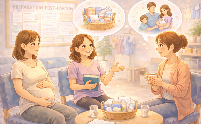 atelier préparation post partum avec futures mamans échangeant autour des besoins après la naissance