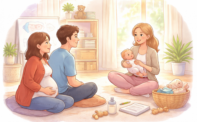 atelier futurs parents avec démonstration de manipulation d’un nouveau-né