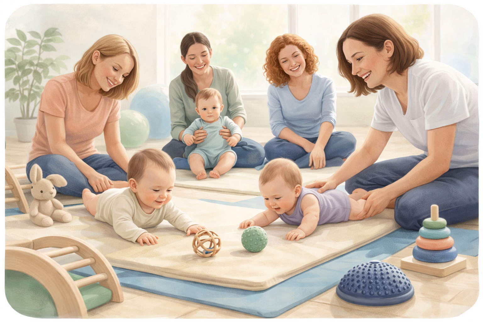 un groupe de maman en séance de motricité bébé avec une kinésithérapeute